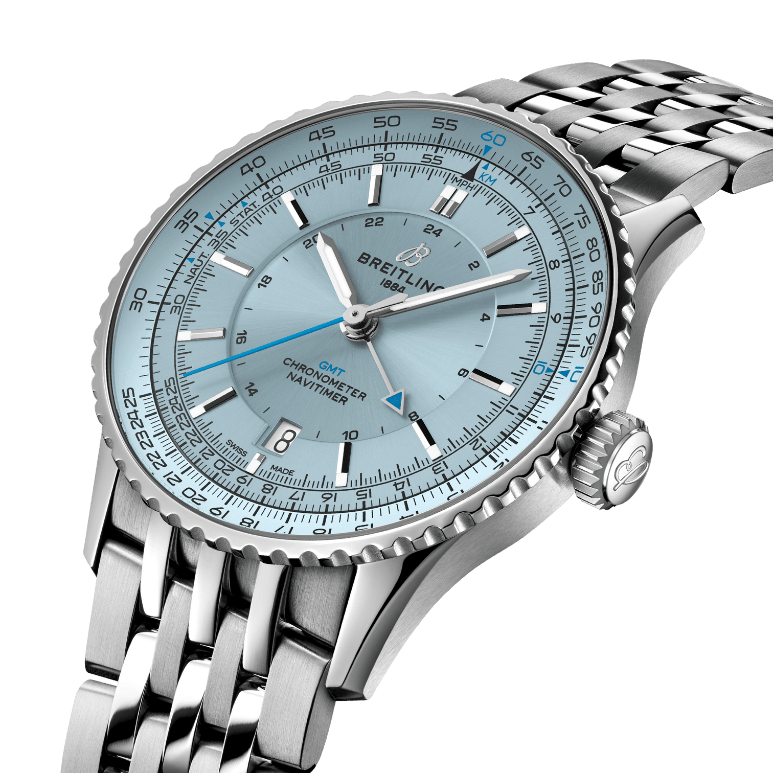 Breitling Navitimer Automatic GMT 41 Watch with Ice Blue Dial and Steel Bracelet